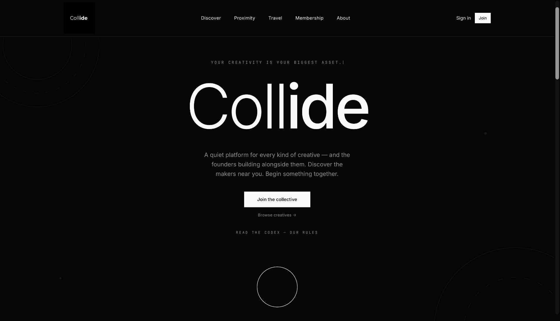 Collide platform — hero screen with oversized wordmark on noir background