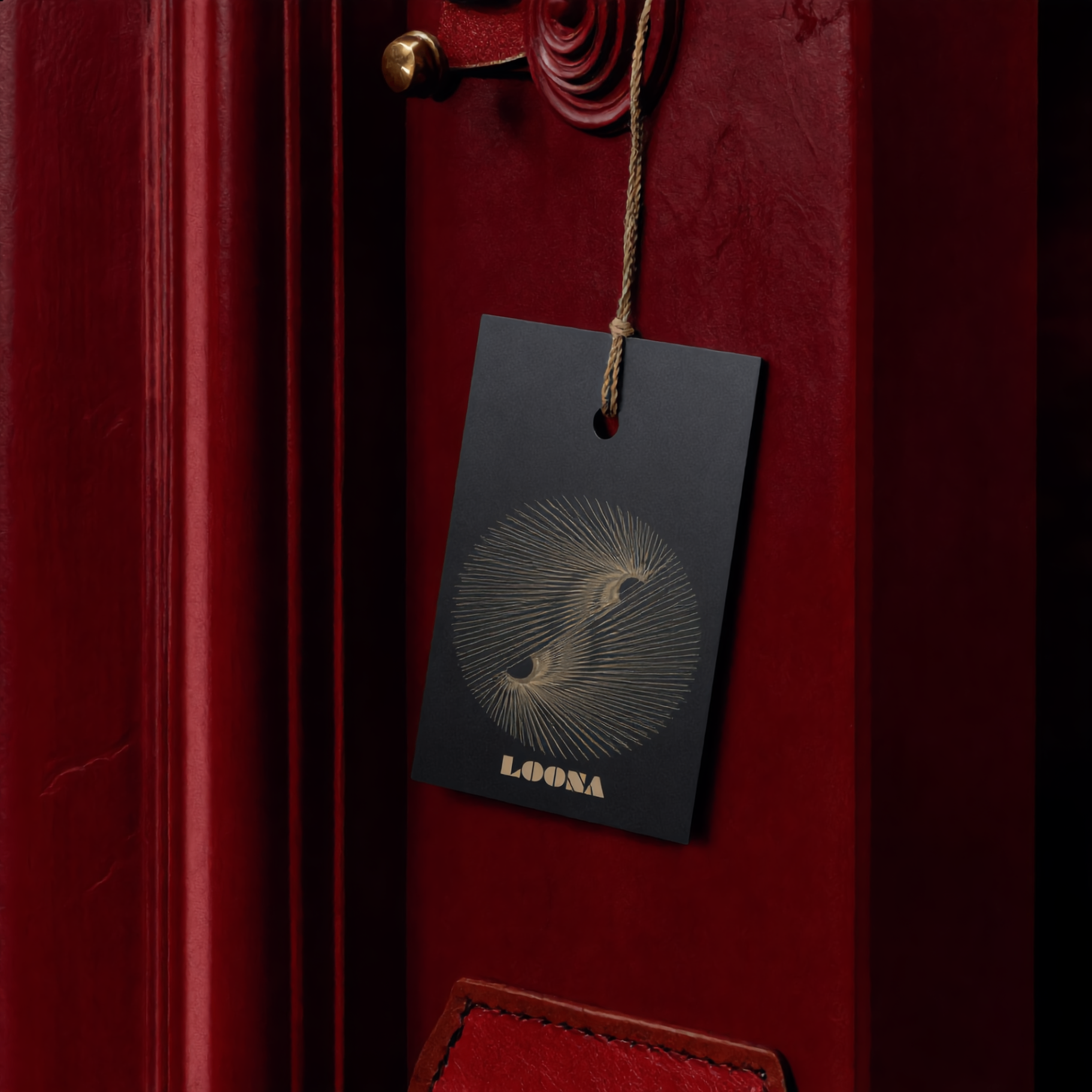 LOONA hangtag on a crimson leather case with brass hardware