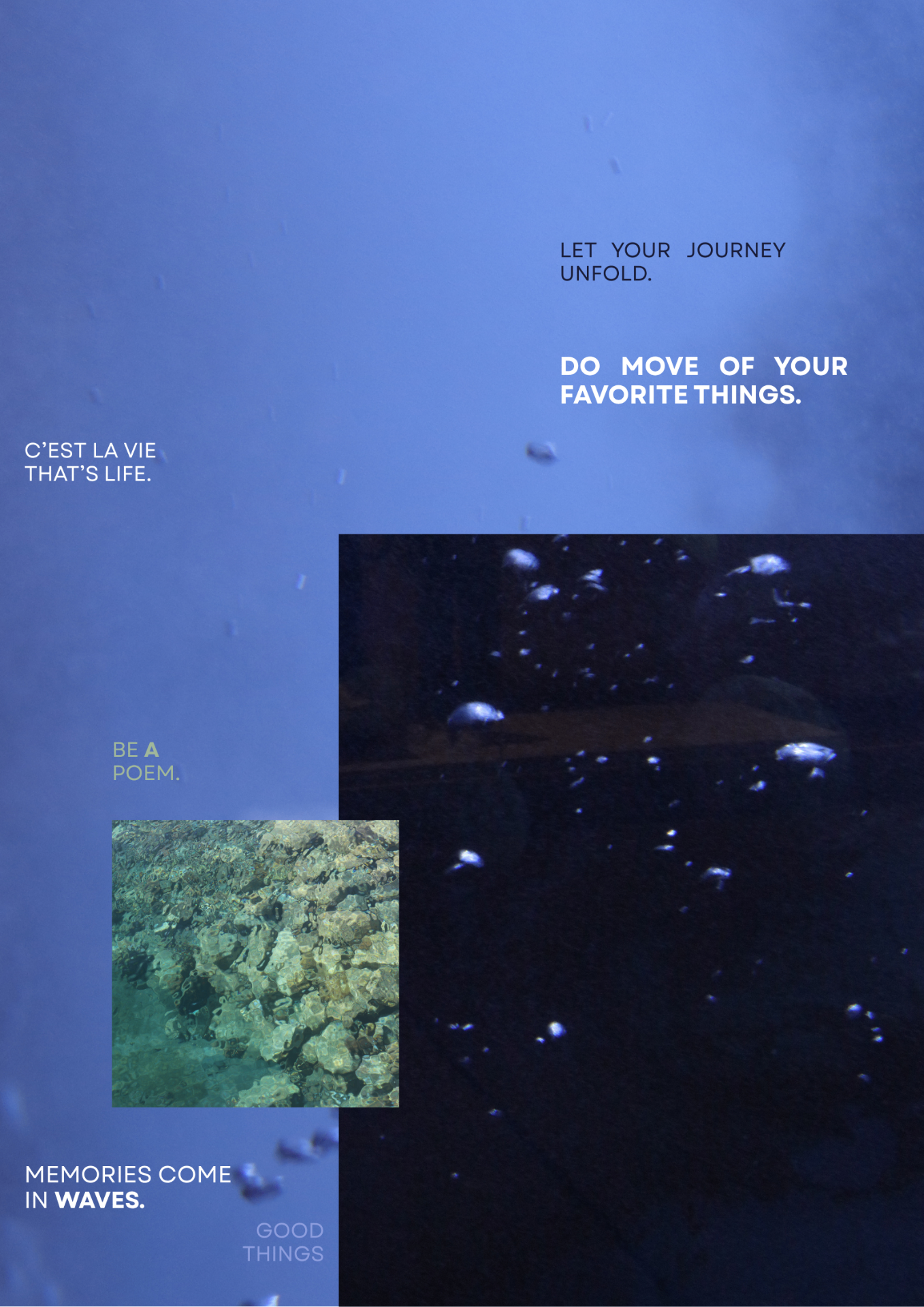 Editorial spread — periwinkle and deep sea composition with floating phrases