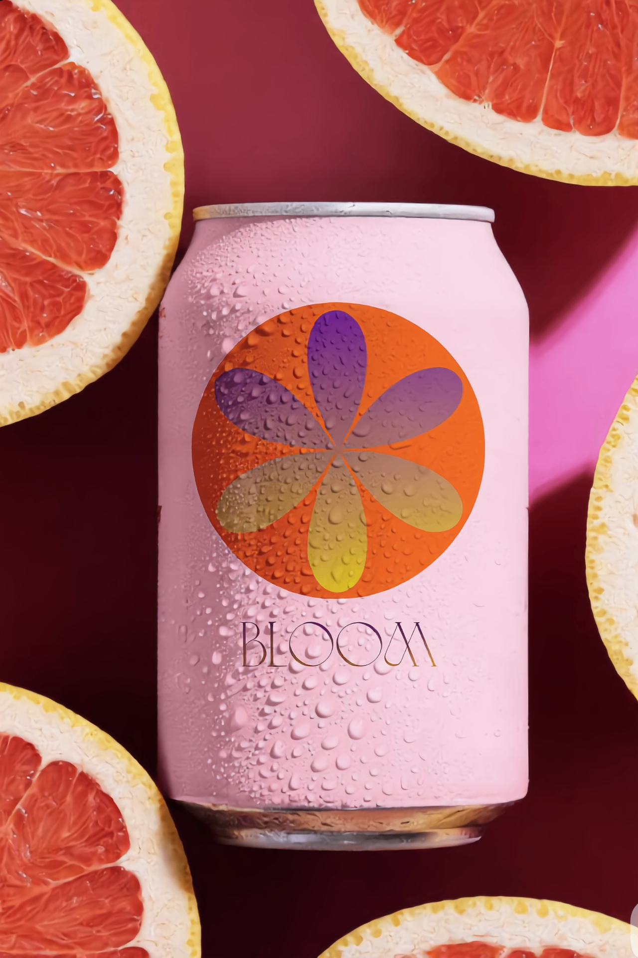 Bloom vitamin water can on burgundy background with grapefruit slices
