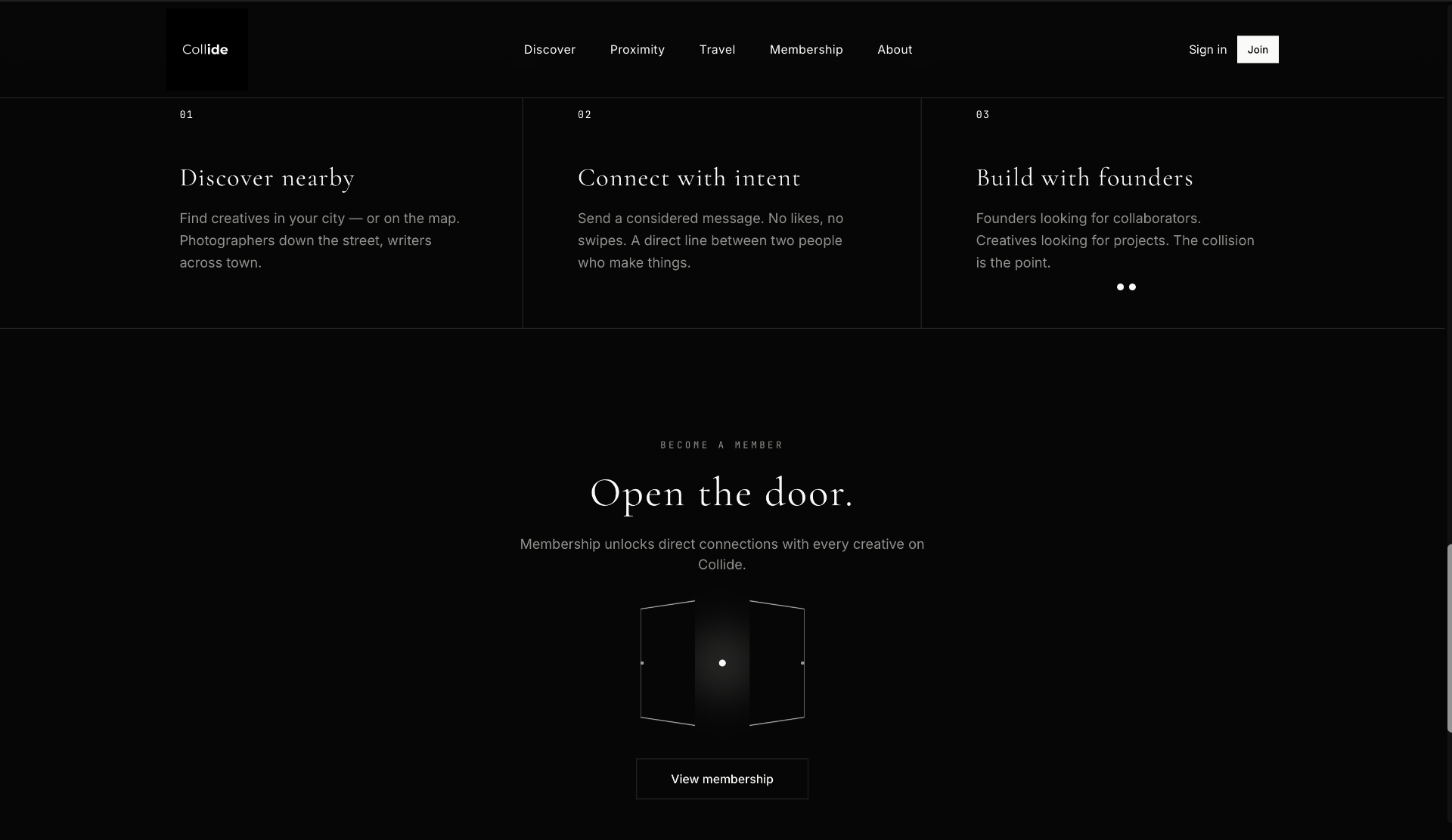 Collide feature grid — Discover nearby, Connect with intent, Build with founders
