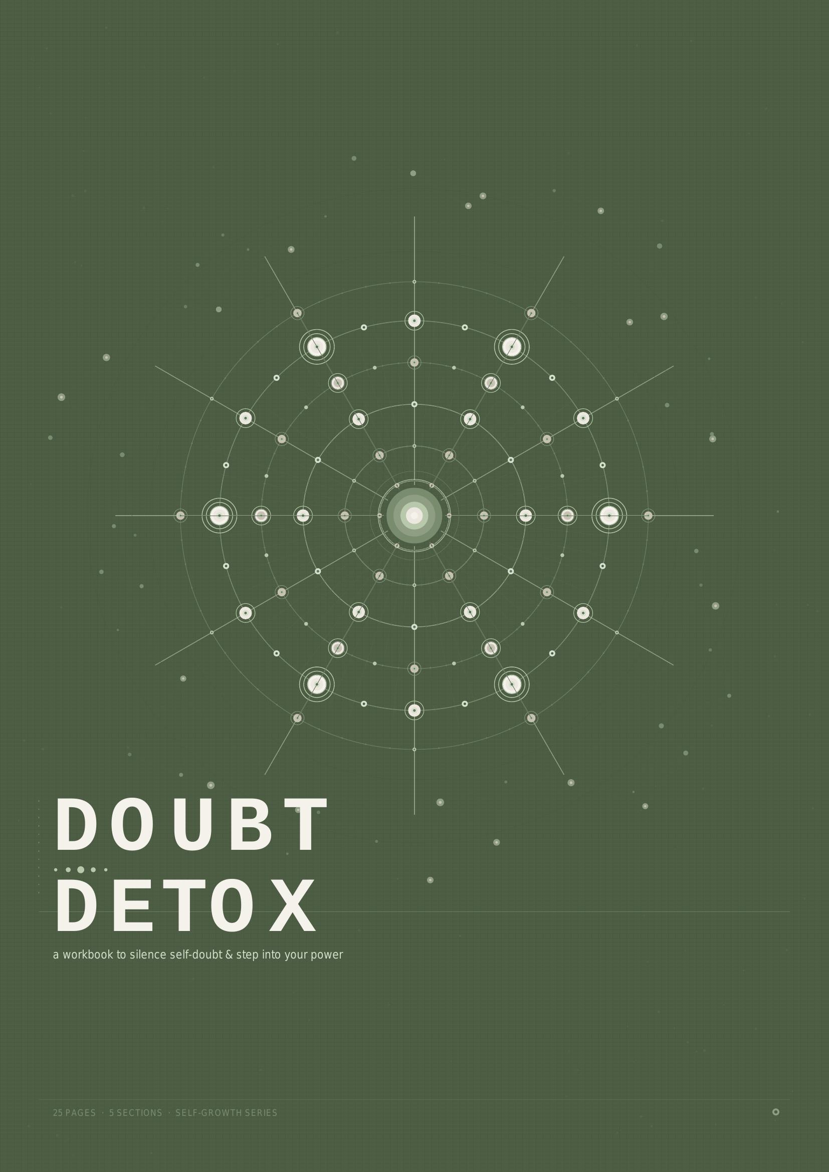 Doubt Detox book cover — orbital constellation diagram on forest green with heavy modern sans wordmark