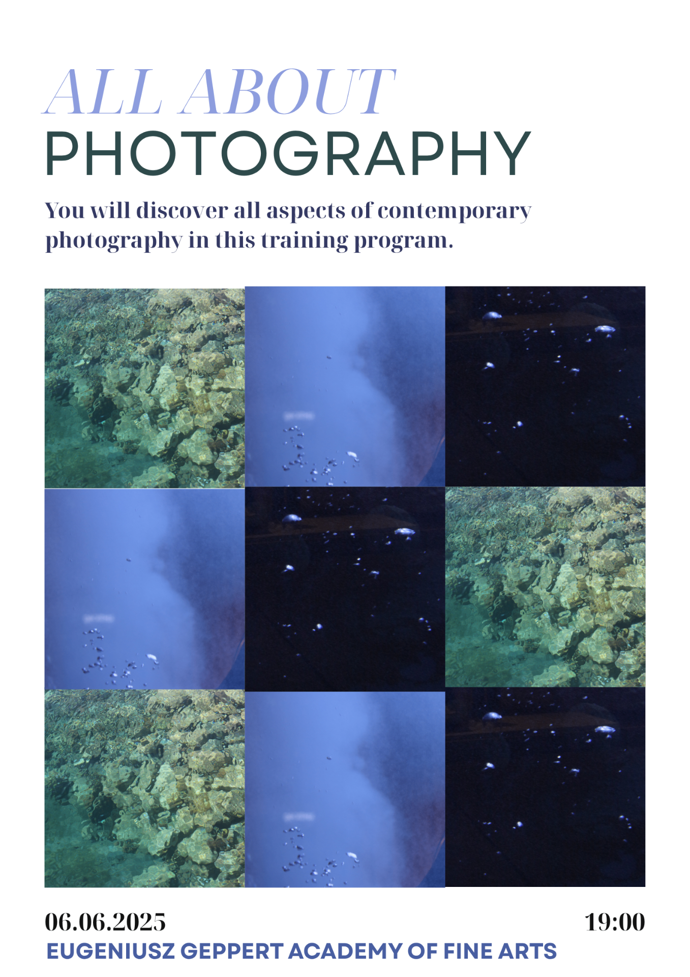 All About Photography poster — 3x3 grid of underwater frames with serif and sans typography